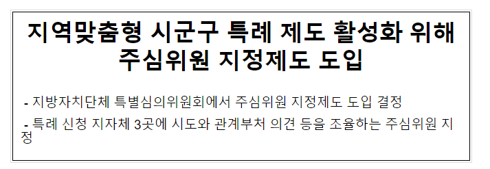 지역맞춤형 시군구 특례 제도 활성화 위해 주심위원 지정제도 도입 지역맞춤형 시군구 특례 제도 활성화 위해 주심위원 지정제도 도입