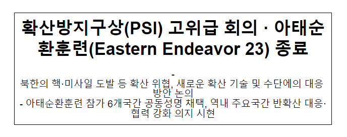 확산방지구상(PSI) 고위급 회의 ·아태순환훈련(Eastern Endeavor 23) 종료
