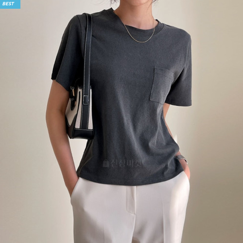봄 여름 무지 기본 40대 미시 중년여성 심플룩 포켓 면 코튼 반팔 티셔츠