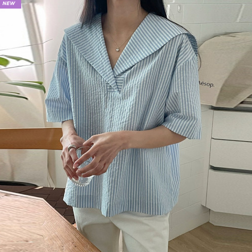  봄 여름 30대 여성 출근룩 세련된 마린 세일러 카라 지지미 스트라이프 시원한 블라우스