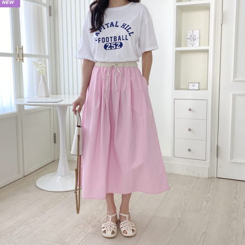  봄 여름 심플룩 50대 미시 엄마옷 체형커버 밴딩 배색 A라인 루즈핏 면 코튼 롱 스커트