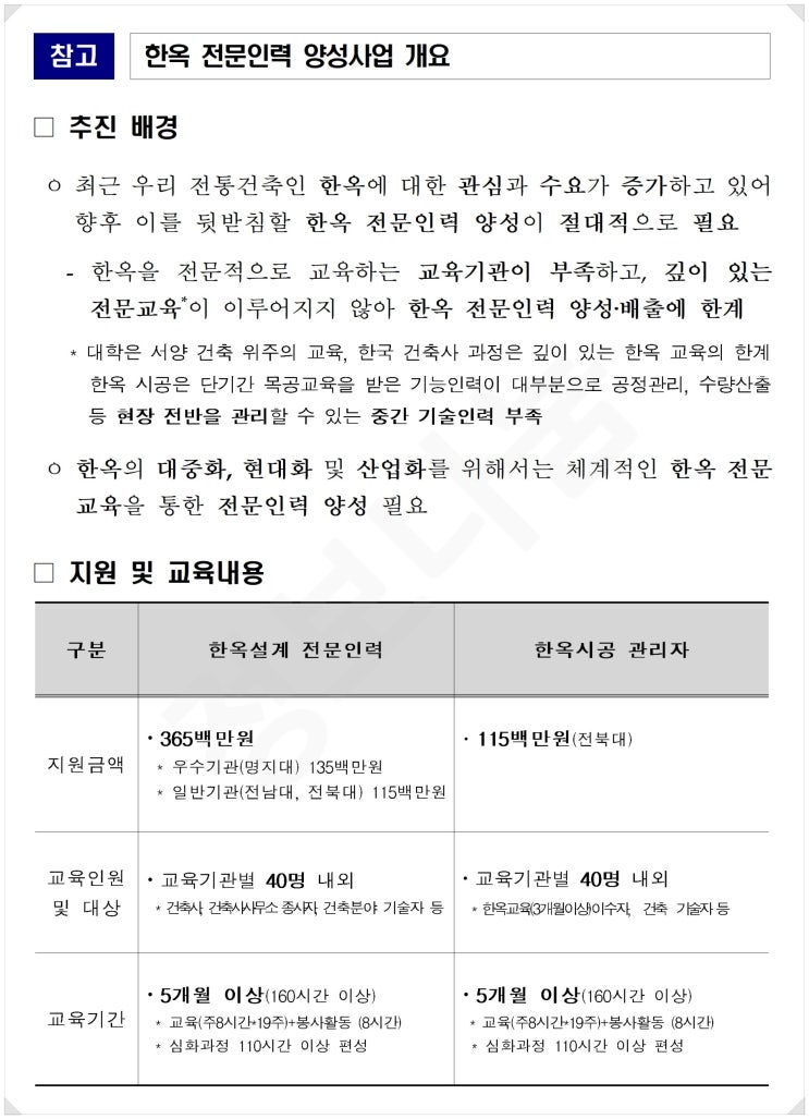 한옥 전문인력 양성사업 전담 교육기관 선정 - 명지대학교, 전남대학교, 전북대학교 등