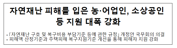 자연재난 피해를 입은 농·어업인, 소상공인 등 지원 대폭 강화 자연재난 피해를 입은 농·어업인, 소상공인 등 지원 대폭 강화