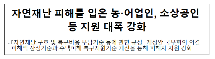 자연재난 피해를 입은 농·어업인, 소상공인 등 지원 대폭 강화