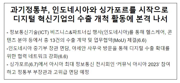 과기정통부, 인도네시아와 싱가포르를 시작으로 디지털 혁신기업의 수출 개척 활동에 본격 나서 과기정통부, 인도네시아와 싱가포르를 시작으로 디지털 혁신기업의 수출 개척 활동에 본격 나서