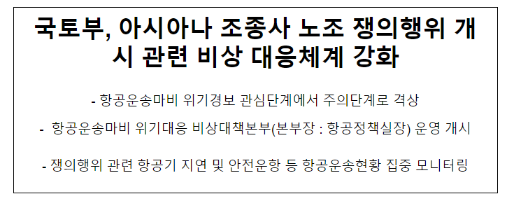 국토부, 아시아나 조종사 노조 쟁의행위 개시 관련 비상 대응체계 강화