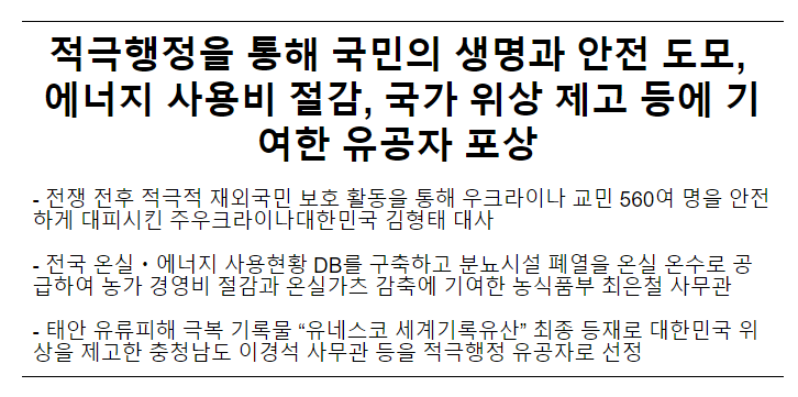 적극행정 유공자 포상, 적극적 선제적 근무문화 확산