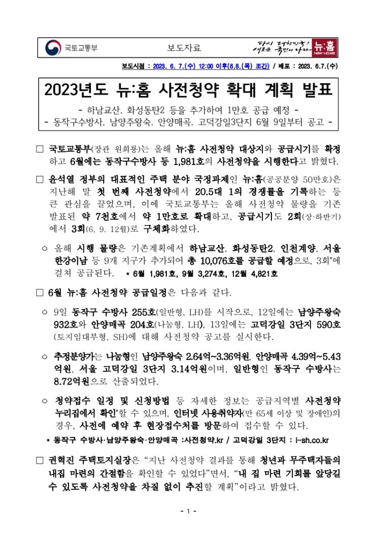  2023년도 뉴:홈 사전청약 확대 계획 발표