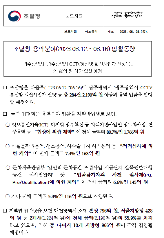 조달청 용역분야(2023.06.12.~06.16) 입찰동향 조달청 용역분야(2023.06.12.~06.16) 입찰동향