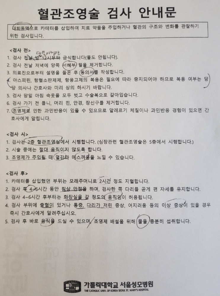 서울 성모병원 뇌동맥류 뇌혈관 조영술검사 당일 1박2일 입원 2일차(1)/검사과정,시술 전 복용약 아스피린,케이캡,플라빅스,조영술 뒤 시술 일정