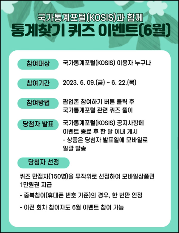 국가통계포털 퀴즈이벤트(상품권 1만원 150명)추첨