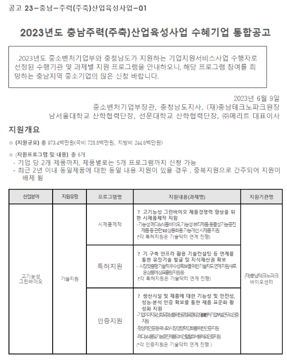 [충남] 2023년 주력(주축)산업육성사업 기업지원사업 통합 공고