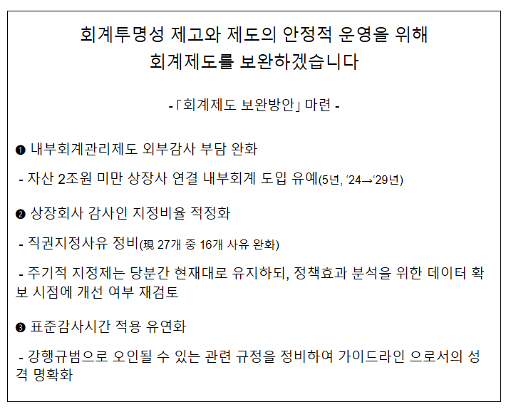 회계투명성 제고와 제도의 안정적 운영을 위해 회계제도를 보완하겠습니다 - 「회계제도 보완방안」 마련 - 회계투명성 제고와 제도의 안정적 운영을 위해 회계제도를 보완하겠습니다 - 「회계제도 보완방안」 마련 -