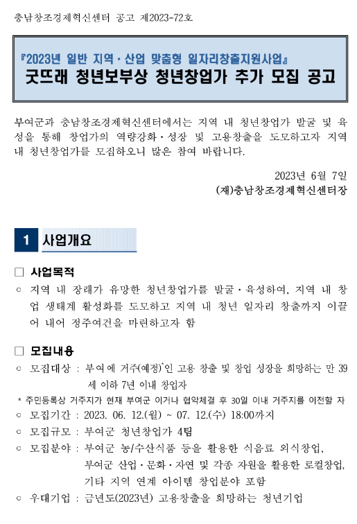 2023년 충남 부여군 굿뜨래 청년보부상 청년창업가 추가모집 공고(일반 지역ㆍ산업 맞춤형 일자리창출지원사업) 2023년 충남 부여군 굿뜨래 청년보부상 청년창업가 추가모집 공고(일반 지역ㆍ산업 맞춤형 일자리창출지원사업)