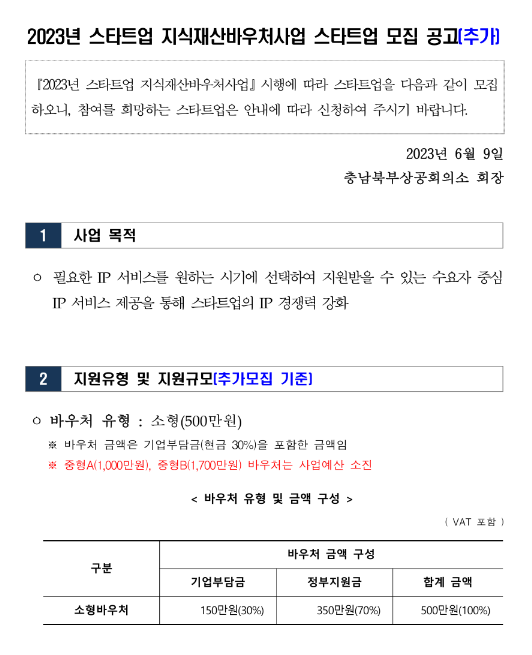 [충남] 2023년 스타트업 지식재산바우처사업 신청기업 추가모집 공고