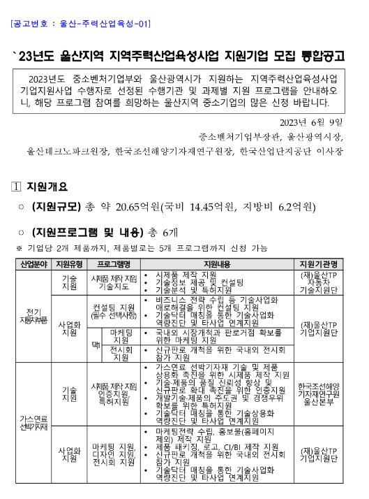 [울산] 2023년 지역주력산업육성사업 지원기업 모집 통합 공고