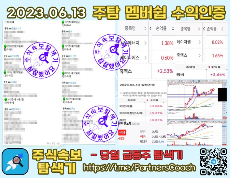  2023년 06월 13일 (화) 주식속보탐색기 멤버쉽 수익인증