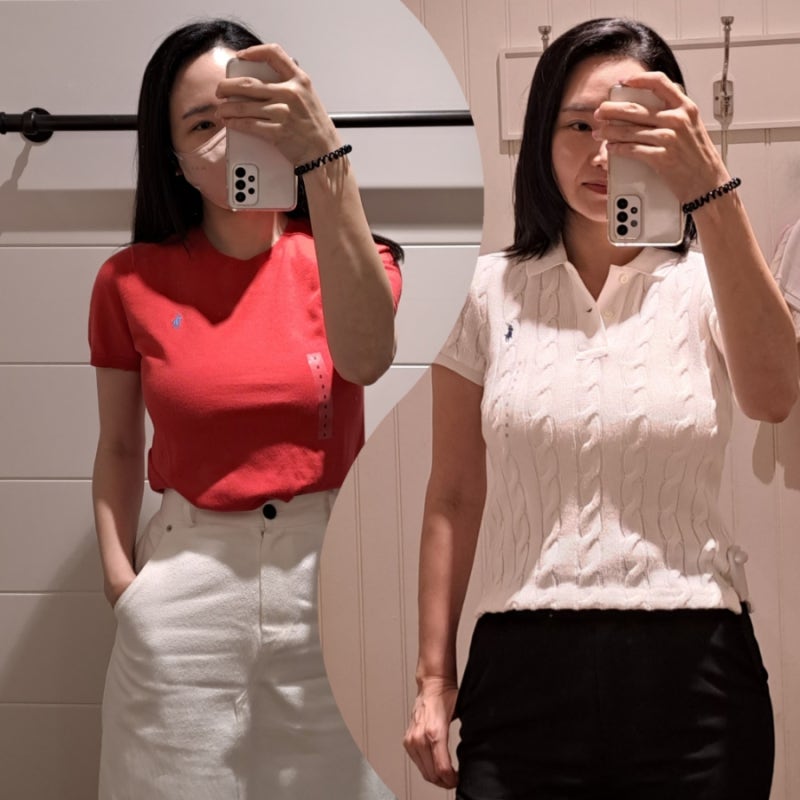 폴로 반팔니트 케이블 피마코튼소재 폴로랄프로렌 여성 코디