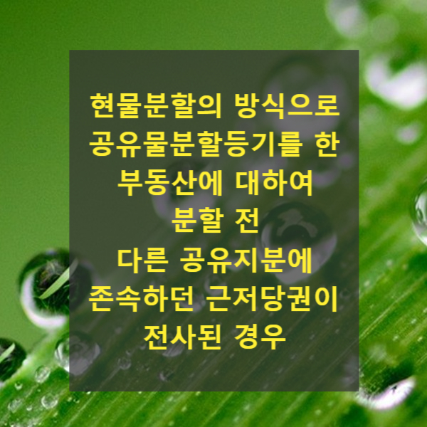  공유물 현물분할등기를 한 부동산에 분할 전 공유지분에 존속하던 근저당권이 전사된 경우 말소하는 방법(92다30603, 등기선례 제1-504호)