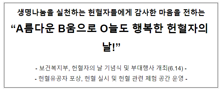 생명나눔을 실천하는 헌혈자들에게 감사한 마음을 전하는 “A름다운 B움으로 O늘도 행복한 헌혈자의 날!” 생명나눔을 실천하는 헌혈자들에게 감사한 마음을 전하는 “A름다운 B움으로 O늘도 행복한 헌혈자의 날!”