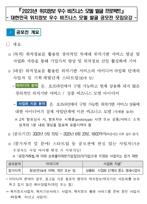 2023년 대한민국 위치정보 우수 비즈니스 모델 발굴 공모전 모집 공고(위치정보 우수 비즈니스 모델 발굴 프로젝트) 2023년 대한민국 위치정보 우수 비즈니스 모델 발굴 공모전 모집 공고(위치정보 우수 비즈니스 모델 발굴 프로젝트)