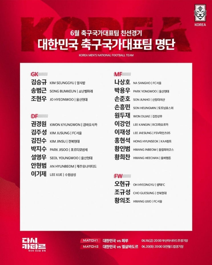 한국 페루전 중계방송 및 페루 피파랭킹 정보 한국축구대표팀 6월 A매치데이 명단