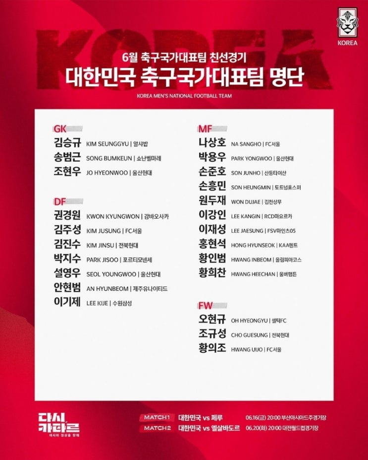  한국 페루전 중계방송 및 페루 피파랭킹 정보 한국축구대표팀 6월 A매치데이 명단