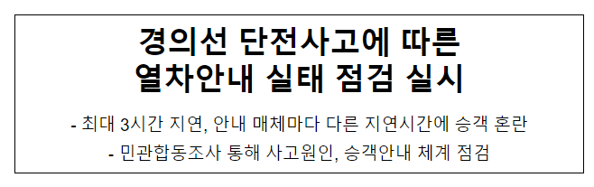 경의선 단전사고에 따른 열차안내 실태 점검 실시, 최대 3시간 지연, 안내 매체마다 다른 지연시간에 승객 혼란 경의선 단전사고에 따른 열차안내 실태 점검 실시, 최대 3시간 지연, 안내 매체마다 다른 지연시간에 승객 혼란