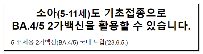 소아(5-11세)도 기초접종으로 BA.4/5 2가백신을 활용할 수 있습니다.(6.19.월) 소아(5-11세)도 기초접종으로 BA.4/5 2가백신을 활용할 수 있습니다.(6.19.월)