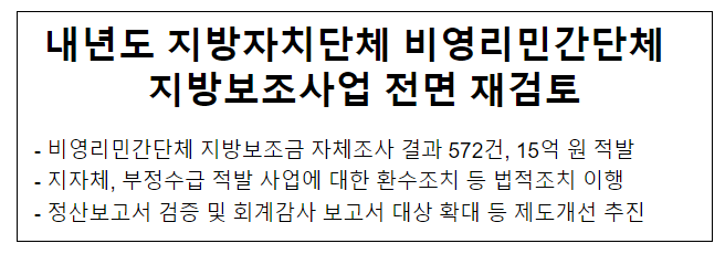 내년도 지방자치단체 비영리민간단체 지방보조사업 전면 재검토 내년도 지방자치단체 비영리민간단체 지방보조사업 전면 재검토
