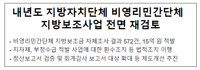 내년도 지방자치단체 비영리민간단체 지방보조사업 전면 재검토