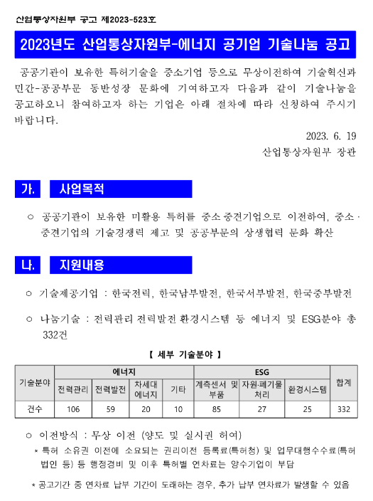 2023년 산업통상자원부-에너지 공기업 기술나눔 공고