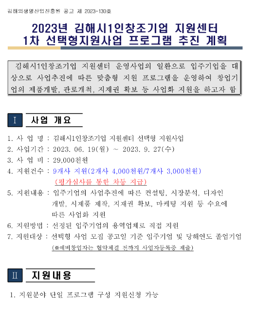 [경남] 김해시 2023년 1차 1인창조기업 지원센터 선택형지원사업 프로그램 공고