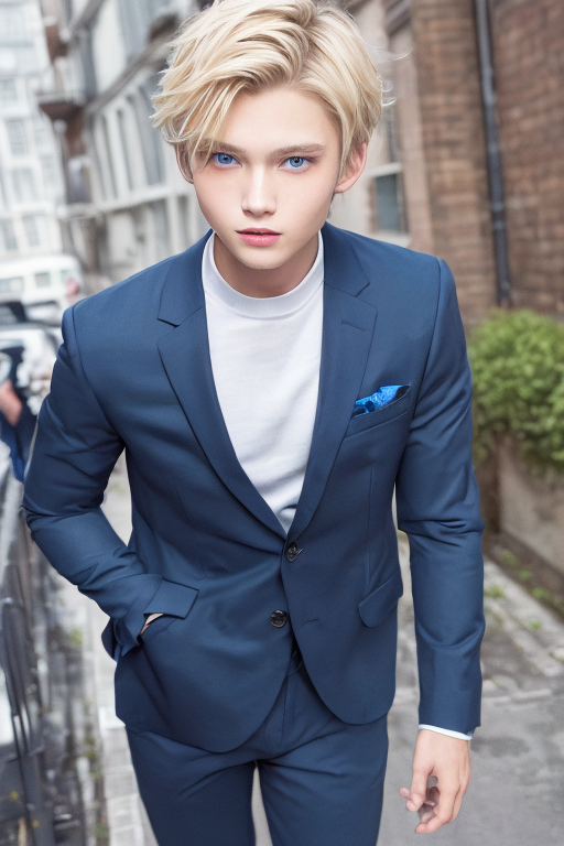[Ai Greem] 그림_남자 205: Free Ai image of a handsome boy with blond hair & blue eyes against a city BG