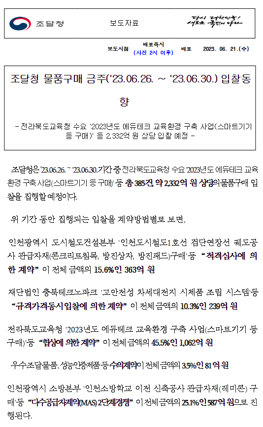 조달청 물품구매 금주('23.06.26. ~ '23.06.30.) 입찰동향 조달청 물품구매 금주('23.06.26. ~ '23.06.30.) 입찰동향