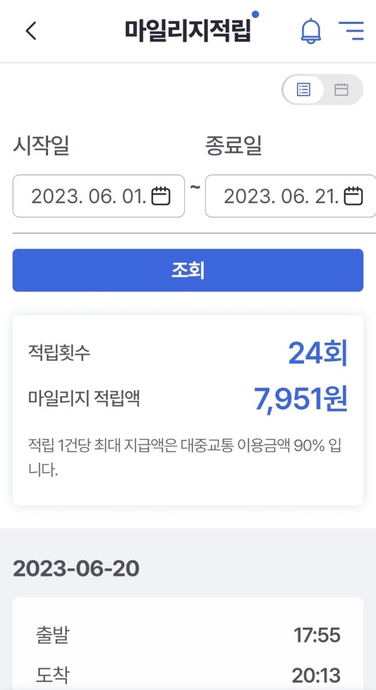  광역 알뜰교통카드 체크카드 마일리지 적립 현황(6월)