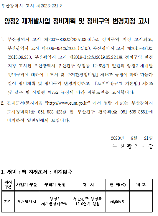 양정2 재개발사업 정비계획 및 정비구역 변경지정 고시 양정2 재개발사업 정비계획 및 정비구역 변경지정 고시