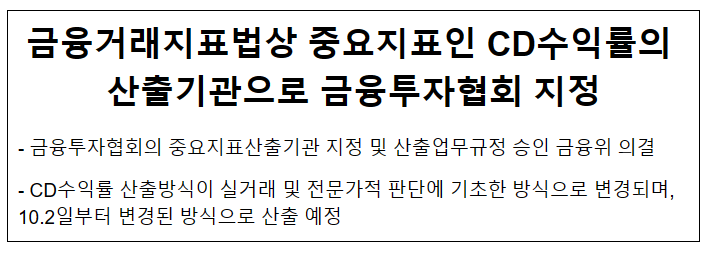 금융거래지표법상 중요지표인 CD수익률의 산출기관으로 금융투자협회 지정 금융거래지표법상 중요지표인 CD수익률의 산출기관으로 금융투자협회 지정
