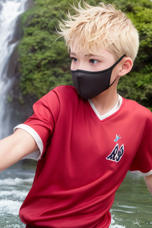 [Ai Greem] 그림_남자 231: 계곡, 개울을 배경으로 한 금발의 미소년, 소년, 청소년 무료 실사화 이미지
