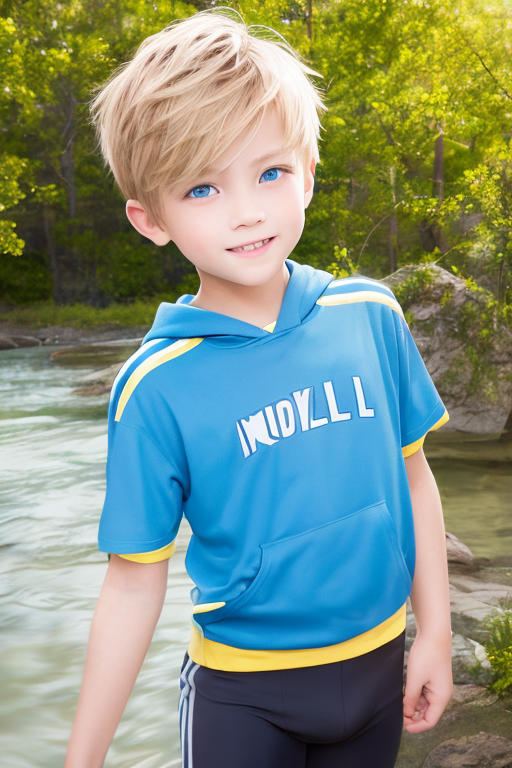  [Ai Greem] 그림_남자 225: Free image of a blond-haired blue-eyed boy playing in the water near a forest