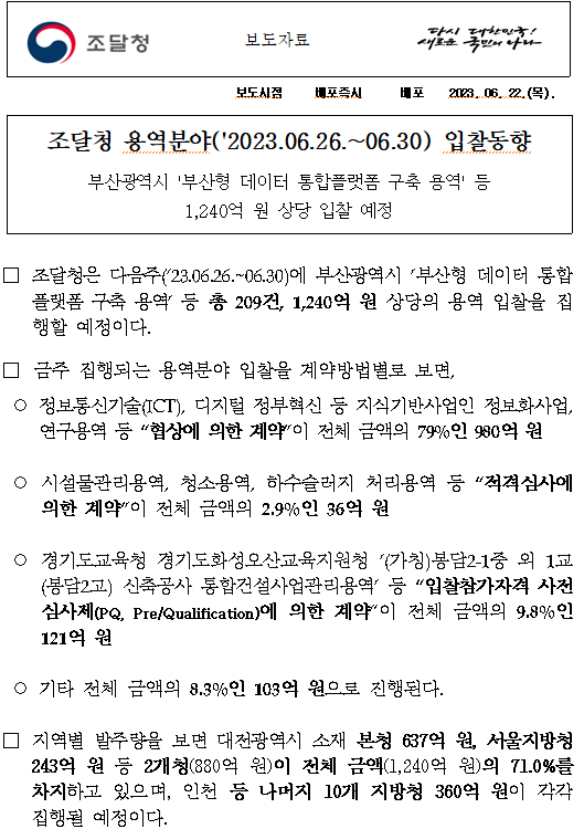 조달청 용역분야('2023.06.26.~06.30) 입찰동향 조달청 용역분야('2023.06.26.~06.30) 입찰동향