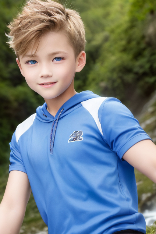 [Ai Greem] 그림_남자 227: 금발 푸른 눈의 소년이 계곡에서 물놀이 하고 있는 무료 이미지 실사화 그림