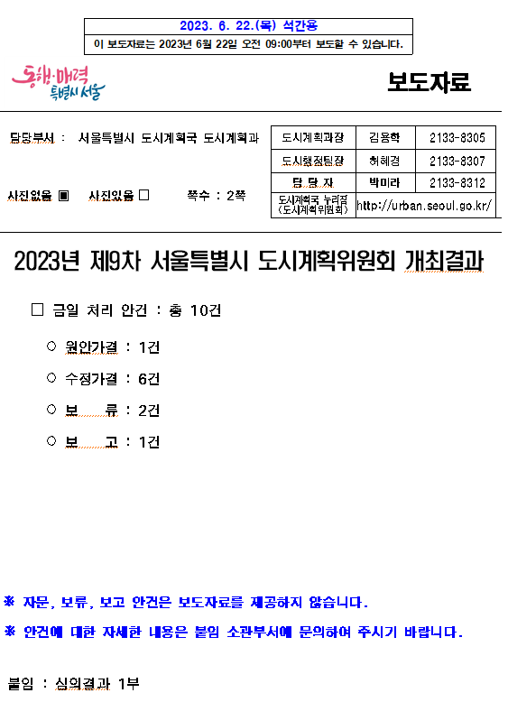 2023년 제9차 서울특별시 도시계획위원회 개최결과 2023년 제9차 서울특별시 도시계획위원회 개최결과