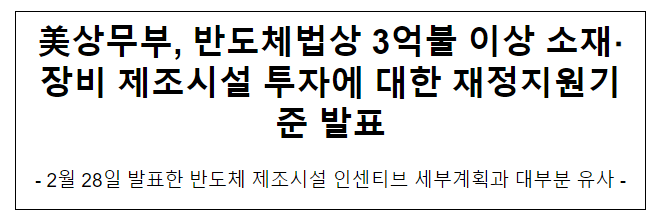 美상무부, 반도체법상 3억불 이상 소재·장비 제조시설 투자에 대한 재정지원기준 발표 美상무부, 반도체법상 3억불 이상 소재·장비 제조시설 투자에 대한 재정지원기준 발표