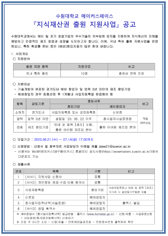 [경기] 수원대학교 메이커스페이스 지식재산권 출원 지원사업 공고