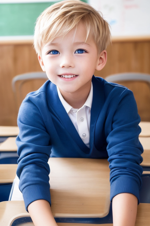 [Ai Greem] 그림_남자 242: 교실을 배경으로 한 금발, 파란 눈의 미소년 남학생 무료 실사화 이미지, 청소년, 금발 벽안의 어린이