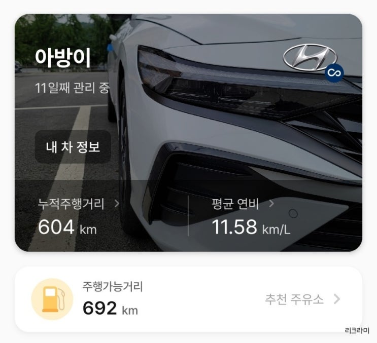  #473. 더뉴아반떼 CN7 산정호수 야간 드라이브 후 마이클앱 블루링크 현대자동차 커넥티드카 주행거리, 주행가능거리 연동 완료