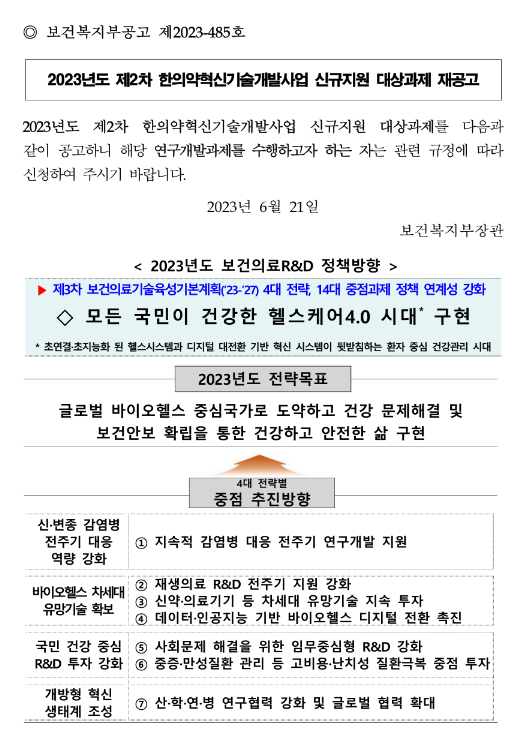 2023년 2차 한의약혁신기술개발사업 신규지원 대상과제 재공고