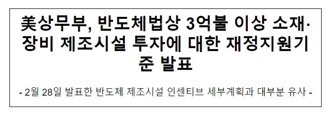 美상무부, 반도체법상 3억불 이상 소재·장비 제조시설 투자에 대한 재정지원기준 발표