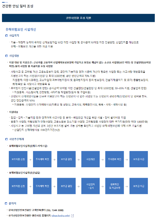 유해위험요인 시설개선자금 지원 공고(클린사업장 조성 지원) 유해위험요인 시설개선자금 지원 공고(클린사업장 조성 지원)
